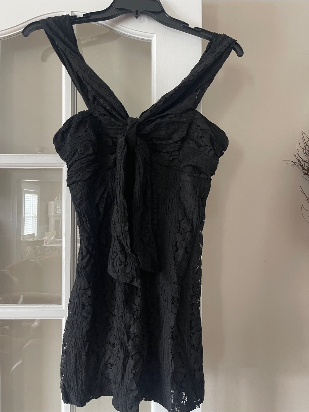 Hello Molly Black Lace Tie-Front Mini Dress-off the shoulder